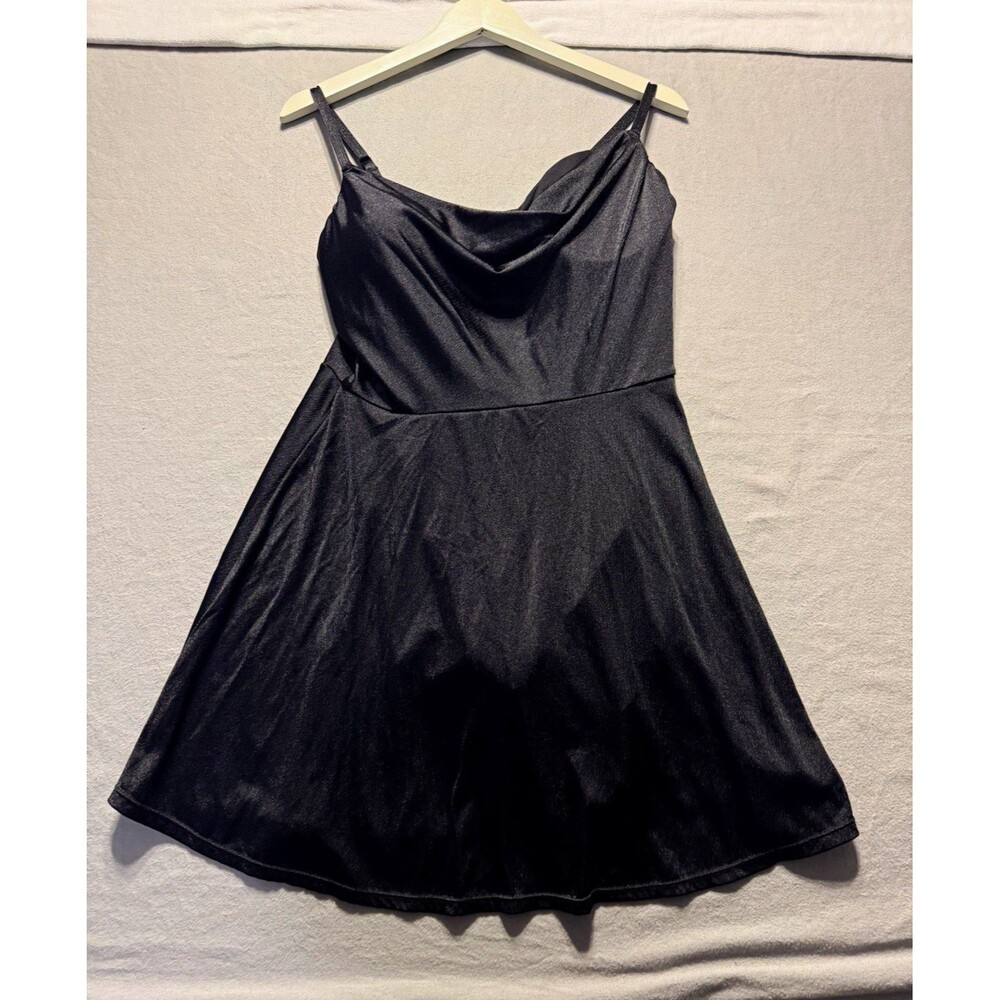 Popilush Black Satin Shapewear Mini Dress XL Built-In Sculpting Cowl Neck